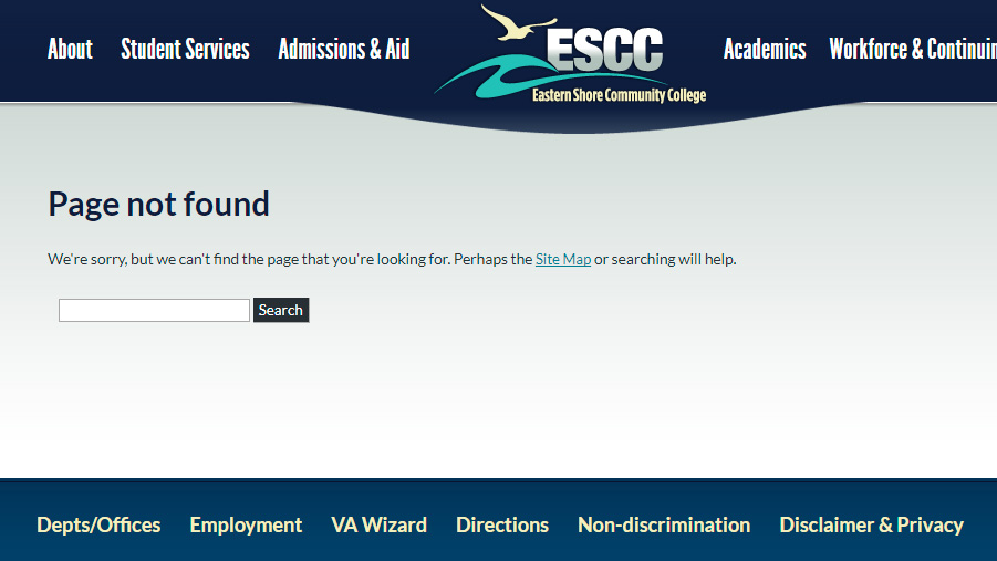 404 error page for Eastern Shore Community College