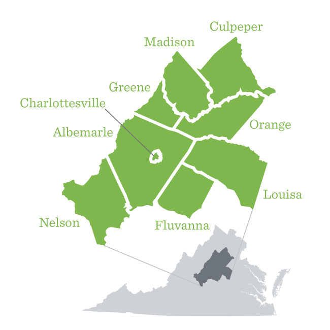 Map: Central Virginia Partnership for Economic Development serves Charlottesville and the Counties of Albemarle, Culpeper, Fluvanna, Greene, Louisa, Madison, Nelson, and Orange.
