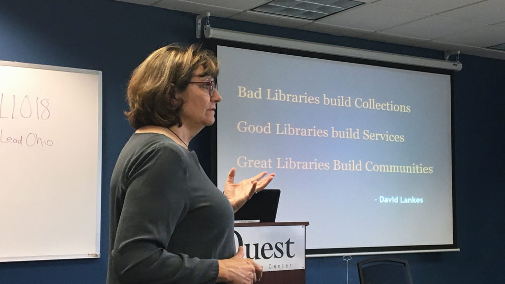 PLA President Pam Sandlian-Smith presents on the importance of libraries building communities