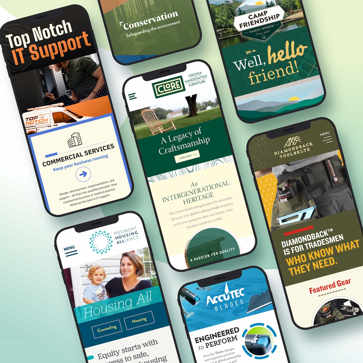 Several web designs by Ivy Group shown on an iPhone