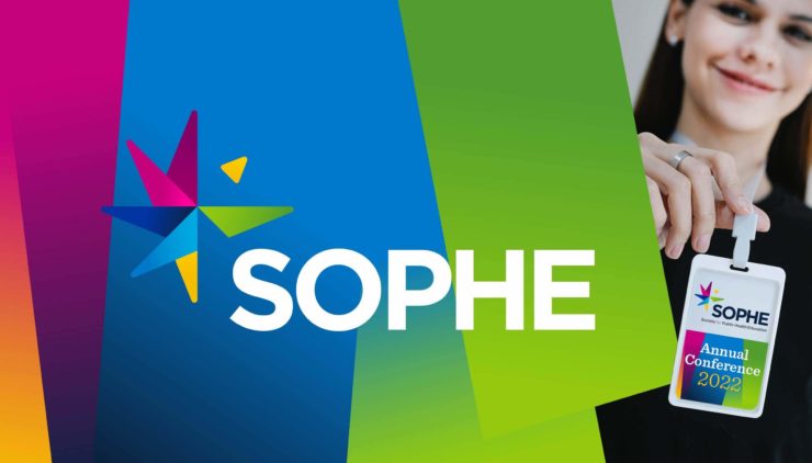 SOPHE's logo beside a member holding up a branded SOPHE event badge for a conference