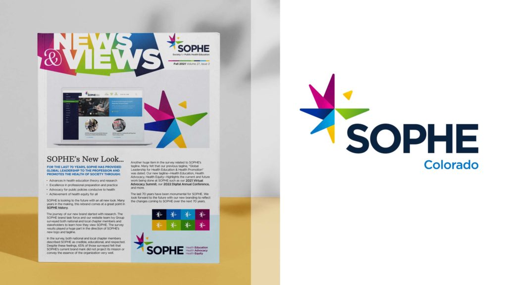 The colorful newsletter, "News & Views," is shown, beside the logo for SOPHE's Colorado chapter.